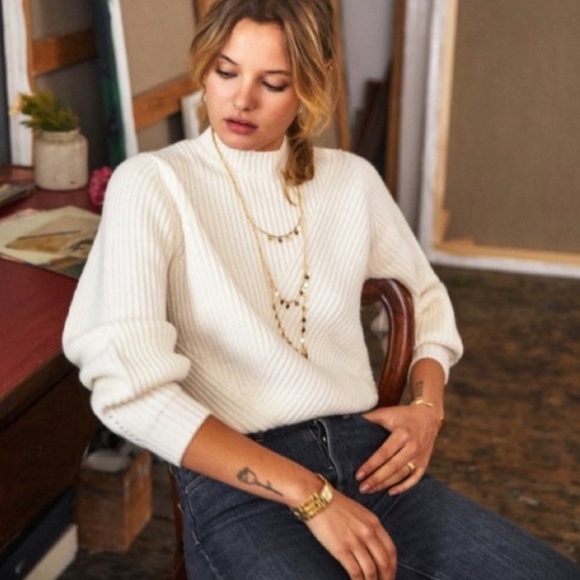 Sezane Sweaters - Sézane Orson Ribbed Puff Sleeve Cream Knit Sweater